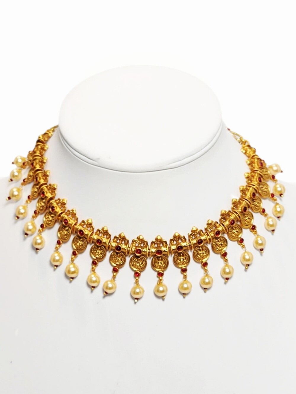 Indian Ethnic Temple Choker Necklace Faux Pearls Faux Rubies Matt Goldtone NWT